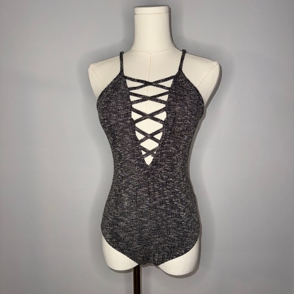 Express Tops - Heathered Gray Crisscross Bodysuit